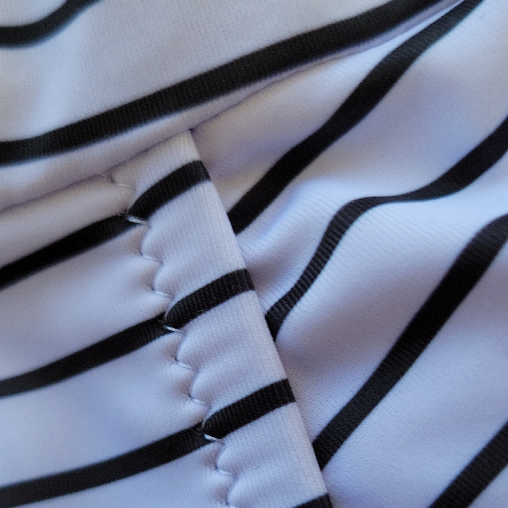 Striped Black and White One Piece Swimsuit With Shirred Sides Over Skirt - Picture 9 of 9